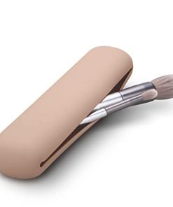 FERYES Travel Makeup Brush Holder, Magnetic Anti-fall Out Silicon Portable Cosmetic Face Brushes Holder, Soft and Sleek Makeup Tools Organizer for Travel-Khaki