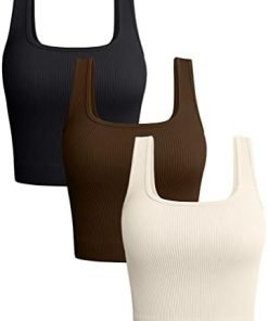 OQQ Women's 3 Piece Tank Tops Ribbed Seamless Workout Exercise Shirts Yoga Crop Tops