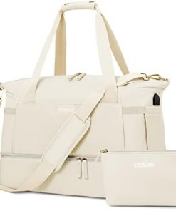 Gym Bag for Women, Sports Travel Duffel Bag with USB Charging Port, Weekender Overnight Bag with Wet Pocket and Shoes Compartment for Women, Travel, Gym, Yoga (Beige)