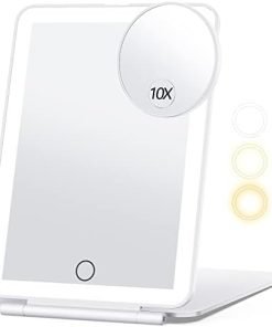 Travel Makeup Mirror with 10X Magnifying Mirror, Vanity Mirror with 80LEDs, 3 Color Lighting, Rechargeable 2000mAh Batteries, Portable Ultra Slim Lighted Makeup Mirror, Travel Essential for Women