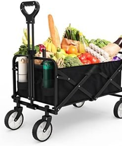 Collapsible Folding Wagon, Heavy Duty Utility Beach Wagon Cart with Side Pocket, Large Capacity Foldable Grocery Wagon for Garden Sports Outdoor Use