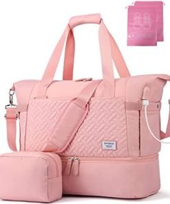 Travel Bags for Women, Weekender Bag with Shoe Compartment, Gym Tote Bags with USB Charging Port,Overnight Duffle Bag with Trolley Sleeve, Pink