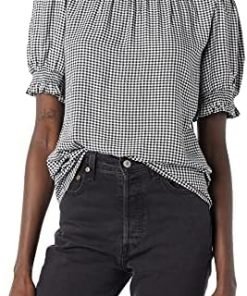 Amazon Essentials Women's Fluid Twill Short Puff Sleeve Smock Detail Shirt
