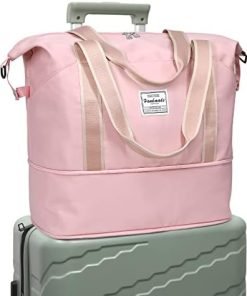 DMLuna Travel Duffel Bag, Tote Sports Gym Bag, Shoulder Overnight Weekender Bag for Women & Men, Hospital bag, Expandable Duffel Bag with Trolley Sleeve/Wet Pocket, Rose Gold