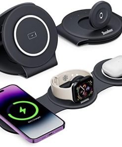 3 in 1 Charging Station for Apple, Hicober Travel Wireless Charger for Magsafe Charger Foldable Stand Compatible for Multple Devices for Apple Watch/iWatch/Airpods/for iPhone 14 13 12 Black