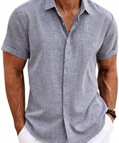COOFANDY Men's Linen Shirts Short Sleeve Casual Shirts Button Down Shirt for Men Beach Summer Wedding Shirt