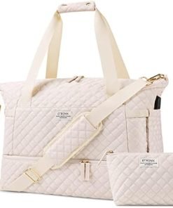ETRONIK Travel Bag for Women, Gym Duffel Bag with USB Charging Port, Weekender Overnight Bag with Wet Pocket and Shoes Compartment for Women Travel Gym Daily Use (Beige)
