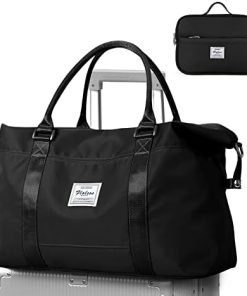 Travel Duffel Bags for Women Men, Sport Gym Tote Bag with Wet Pocket, Waterproof Weekender Overnight Bag, Carry On Bags with Trolley Sleeve for Airplanes Black