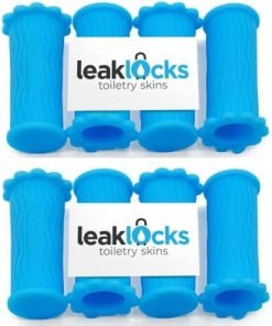 LeakLocks® Toiletry Skins™ 4 pak Elastic Sleeve for Leak Proofing Travel Container in Luggage. For Standard and Travel Sized Toiletries. Reusable Accessory for Travel Bag Suitcase and Carry-on