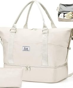 Travel bags for Women Sport Duffel Bag with Toiletry Bag Shoulder Weekender Bags with Shoe Compartment Carry on Duffle Travel Bags Large Capacity Overnight Bags(Beige with Toiletry Bag)