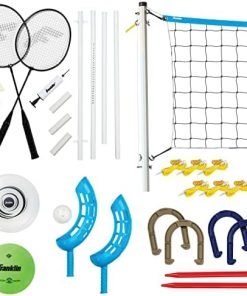 Franklin Sports Fun 5 Combo Outdoor Game Set - Backyard, Beach + Camping Games for Kids - Badminton, Volleyball, Flip Toss, Flying Disc - Horseshoes or Ring Toss