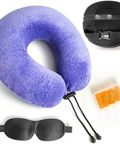 aeris Purple Travel Pillow for Airplanes and Car - Memory Foam Neck Pillow with Sleep Mask, Earplugs, Carry Bag, Adjustable Toggles, Machine Washable Velour Cover, Purple