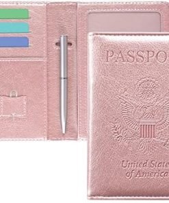 DMLuna Passport Holder Premium PU Leather Travel Passport Wallet RFID Blocking Passport Cover Case Travel Documents Organizer with Pen Holder, for Women and Men - Rose Gold