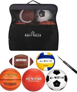 Easy Play Sports and Outdoors Bag of Recreation Balls - Deluxe Bag with Football, Soccer Ball, Basketball, Volleyball, Playground Ball, Pump