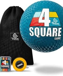 GETMOVIN SPORTS 4 Square Game Kit with Premium 4 Square Ball (8.5”) Hand Pump Air Needle 4 Brightly Colored Chalk Sticks with Container Soft Tape Measure Premium Storage Bag Outdoor Portable Fun!